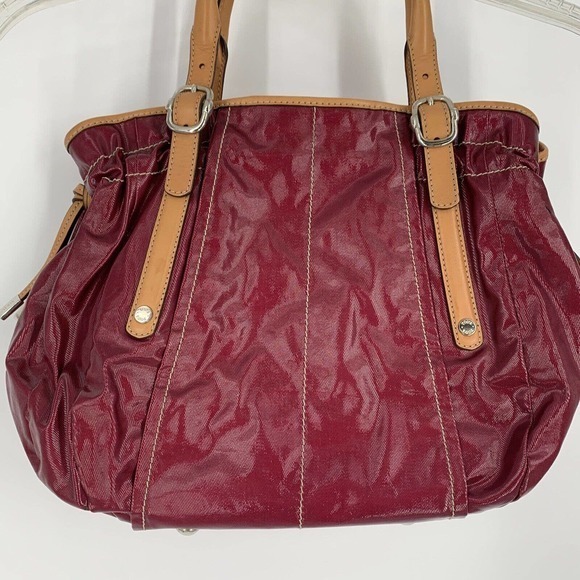 TOD'S Shoulder Hand Bag Purple Maroon PVC Leather Brown Accents Purse Pocketbook - Picture 6 of 16